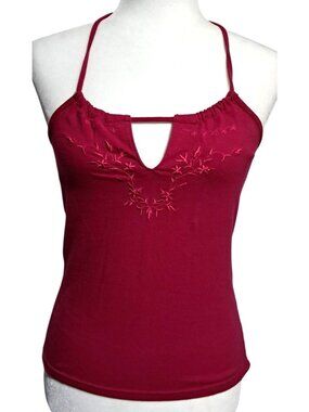 Y2K Arizona Jean Co Halter Top Womens Size M Pink Cotton Blend Embroidered Flora